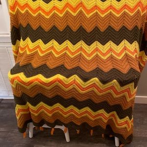 Retro handmade Crochet couch/chair afghan w/tassels in orange yellow brown 1970s